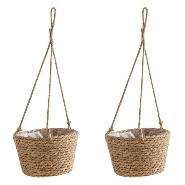 2X Jardín Colgante Macramé Cesta de Almacenamiento de Plantas Cuerda de Yute Tejido Interior Exterior Maceta Titular Color Primario M
