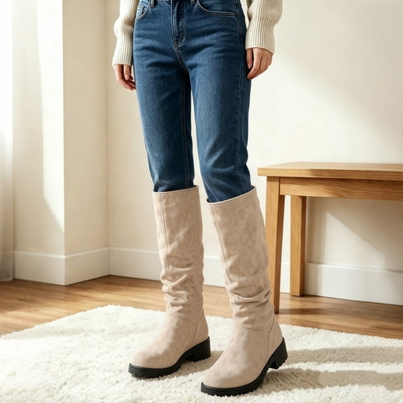 Girls Knee High Boots Pull On Suede Riding Boots Low Heel Tall Shoes for School Casual Fall Winter