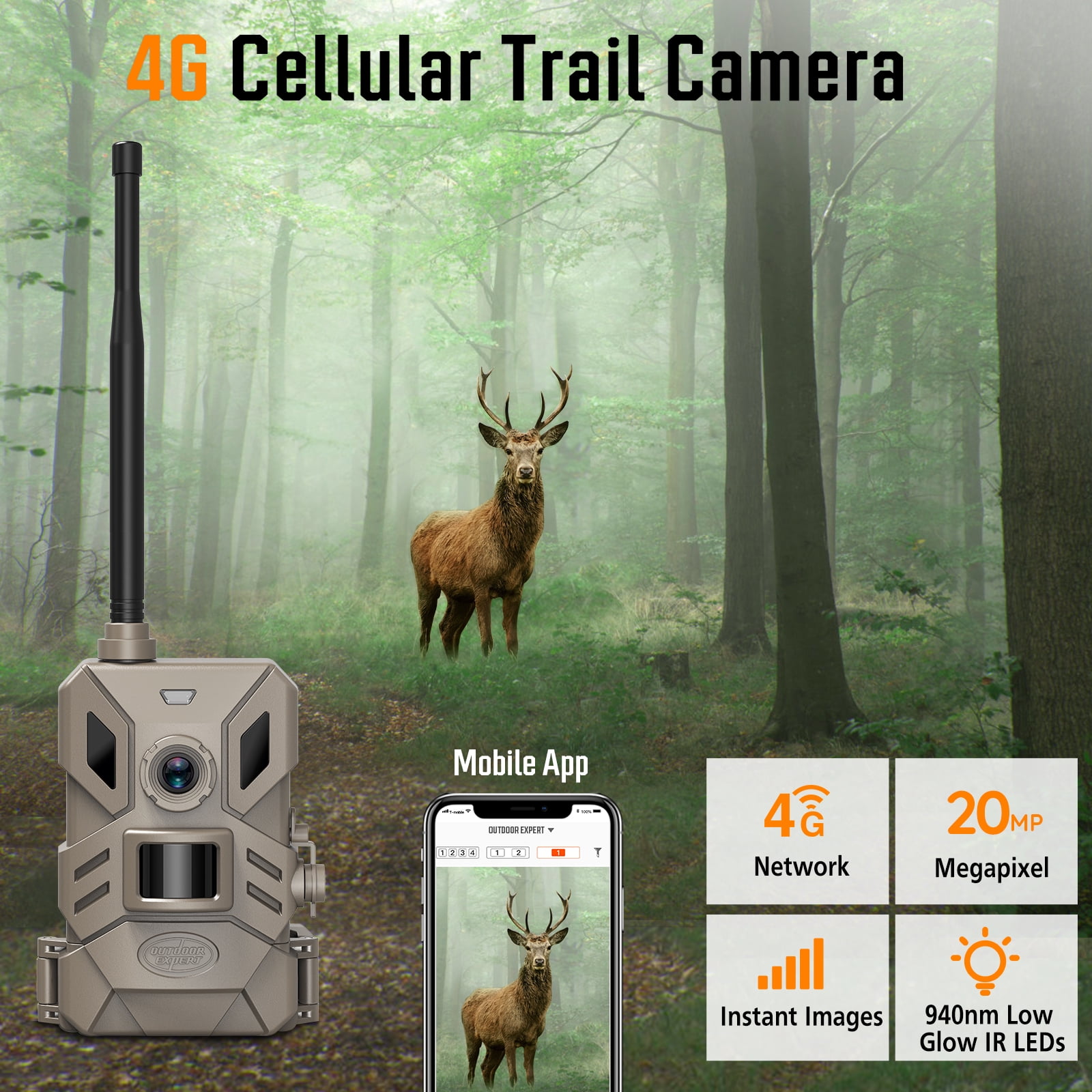 OUTDOOR EXPERT 4G Cellular Trail Camera,36MP Hunting Camera with No Glow 940nm IR Led Night Vision,HD Video IP66 Waterproof Game Cam,90FT Flash Range Wildlife Monitor