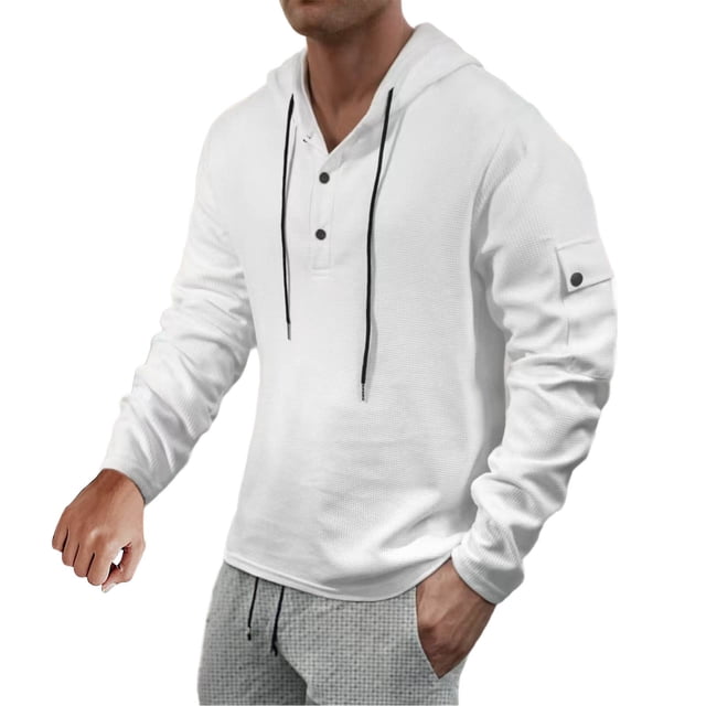 Dolkfu Sudadera con capucha para hombre, sudadera de waffle de color sólido, parte superior de manga larga con botones en la parte delantera XL