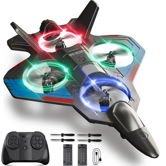 Eoyeskido Foam Drone RC Airplane for Kids and Beginners, Remote Control Plane Fighter Jet with Light, Auto Hovering, 360° Flip and 2 Batteries (15 Mins)