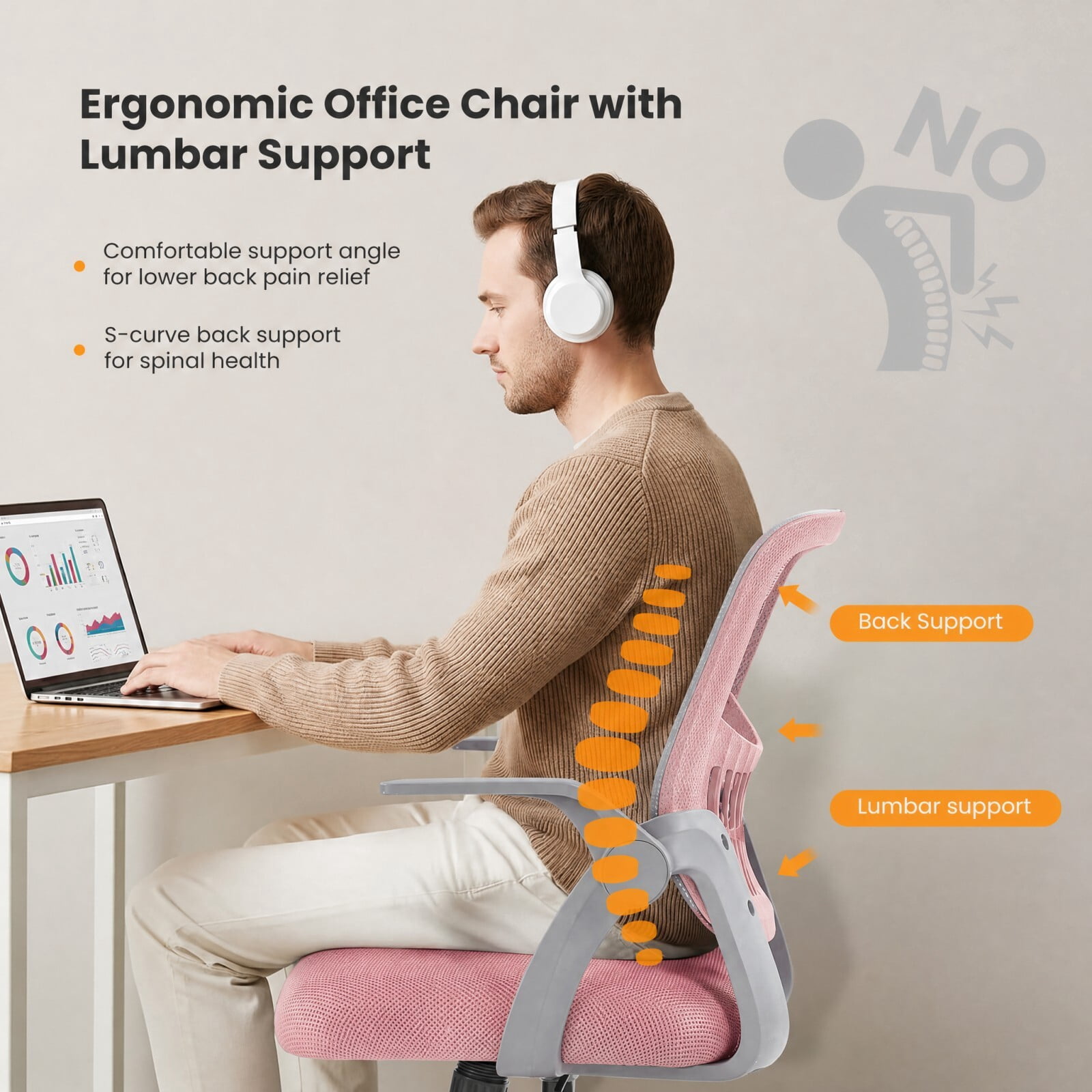Kelno Ergonomic Mesh Office Chair Mid Back Desk Chair with Lumbar Support Flip-up Armrests Adjustable Height Swivel Task Chair, Pink