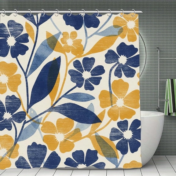 Abstract Navy Blue Gold Print Shower Curtain,Modern Fabric Waterproof Shower Curtain Set with Hooks 70.8×70.8Inch (180×180cm)
