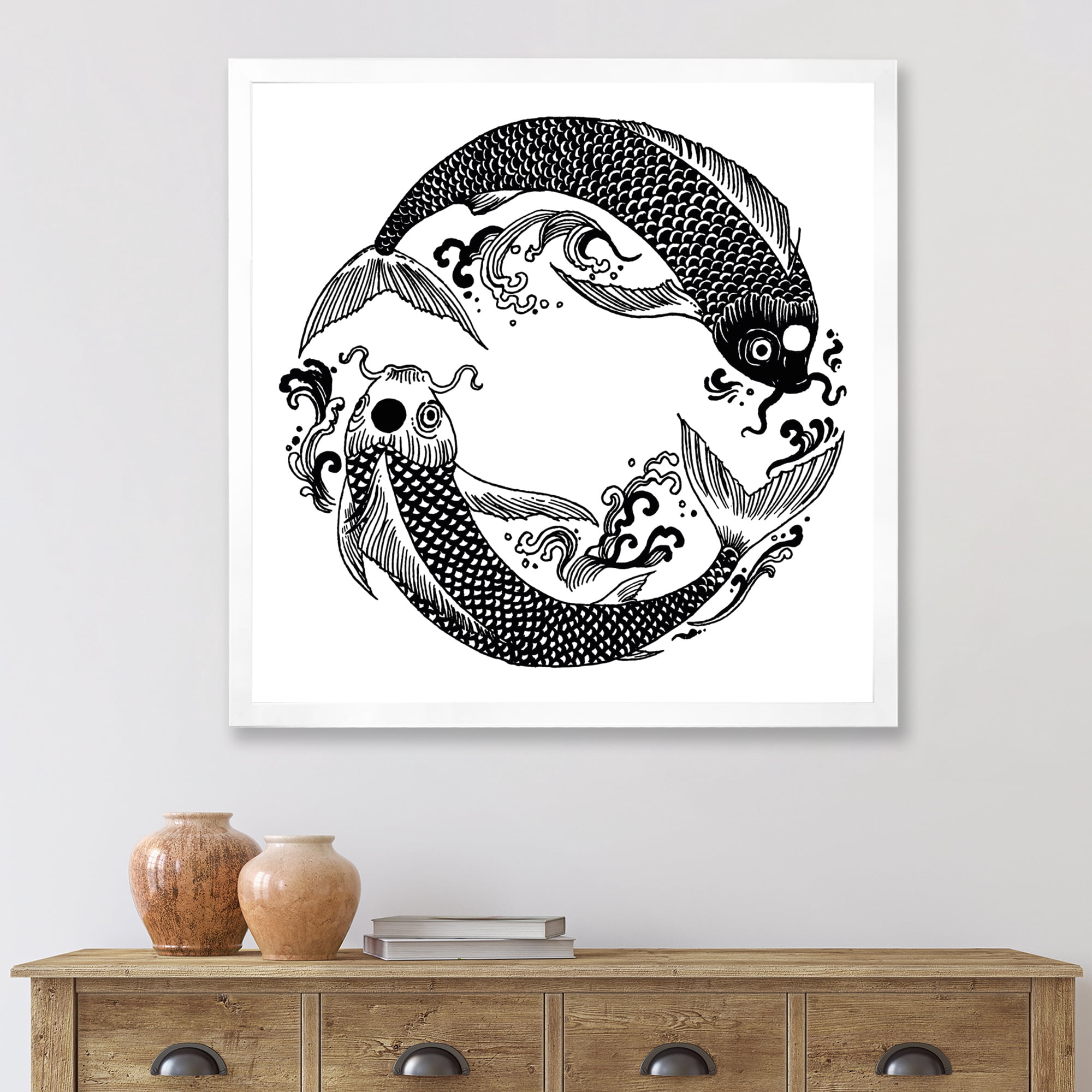 Designart 'China Koi Fish In Chinoiserie Style III' Nautical & Coastal Framed Art Print