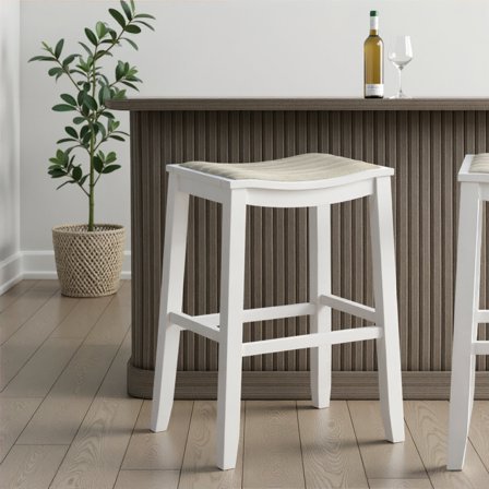 Iyani Coastal Modern Wood Bar Height Kitchen Bar Stool in White Finish with Dune Cloud Fabric Upholstered Seat
