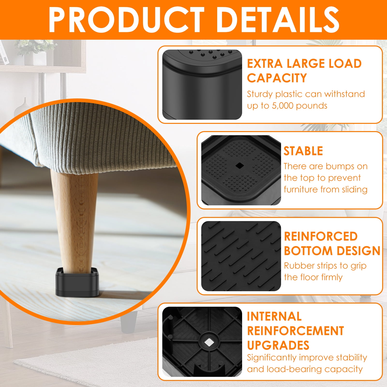 8Pcs Furniture Risers with Nonslip Bottom Adjustable Table Risers Stackable Bed Lifter Versatile Bed Raising Blocks for Table Desk Couch Chair Sofa Cabinet Bed Legs Black Plastic