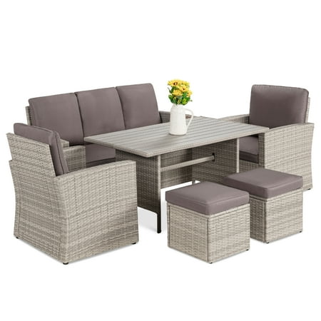 Best Choice Products 7-Seater Conversational Wicker Dining Table, Outdoor Patio Furniture Set w/ Cover - Gray/Gray