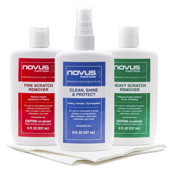NOVUS-PK1-8 | Plastic Clean & Shine #1, Fine Scratch Remover #2, Heavy Scratch Remover #3 and Polish Mates Pack | 8 Ounce Bottles