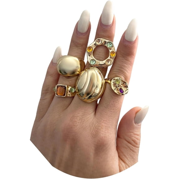 Chunky Gold Rings for Women Trendy Statement Stackable Rings Vintage Bohemian Colorful Crystal Ring Set Unique Stone Open Ring Dainty Prom Jewelry