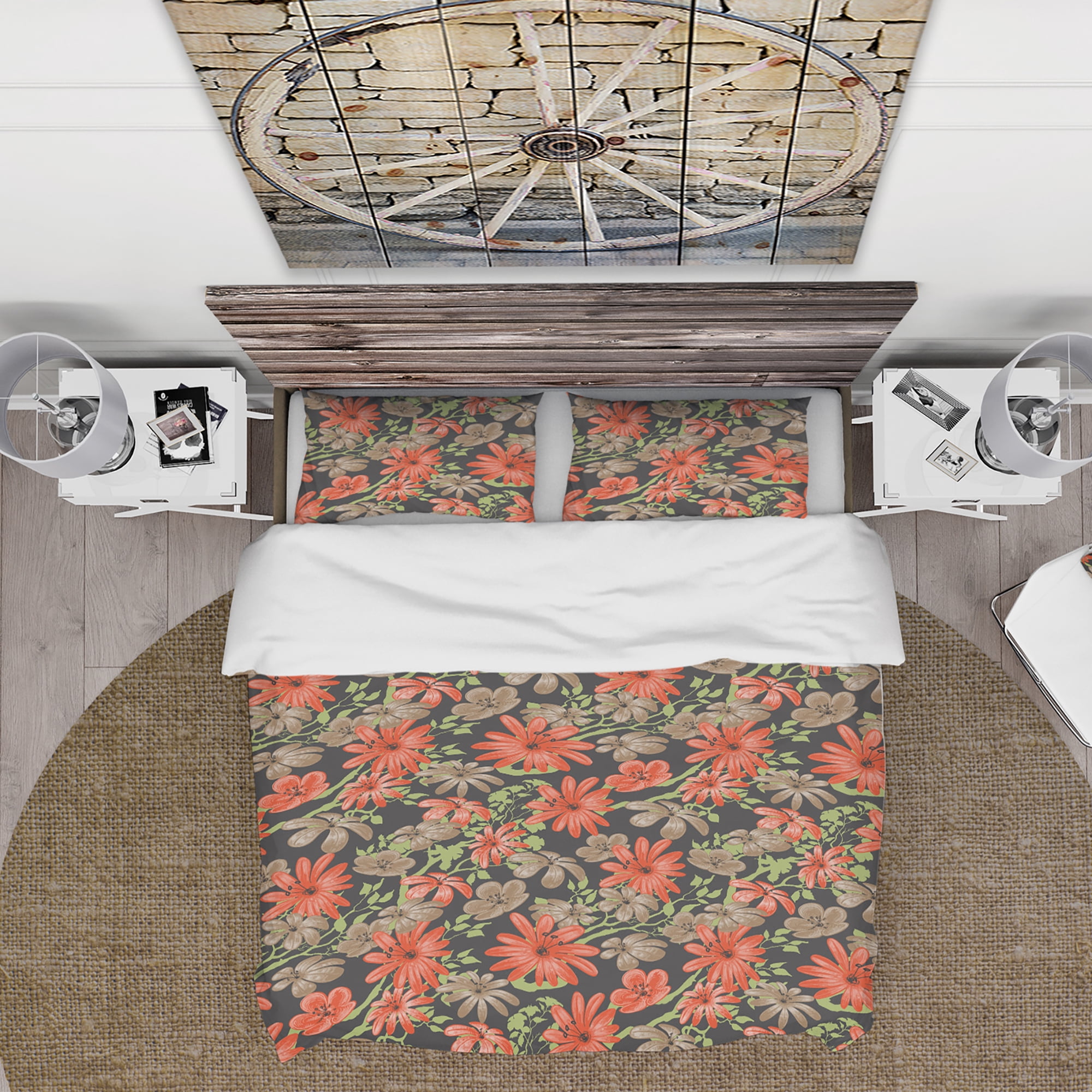 Designart 'Red and Brown Flowers with Background of Green Branches' Floral Duvet Cover Set