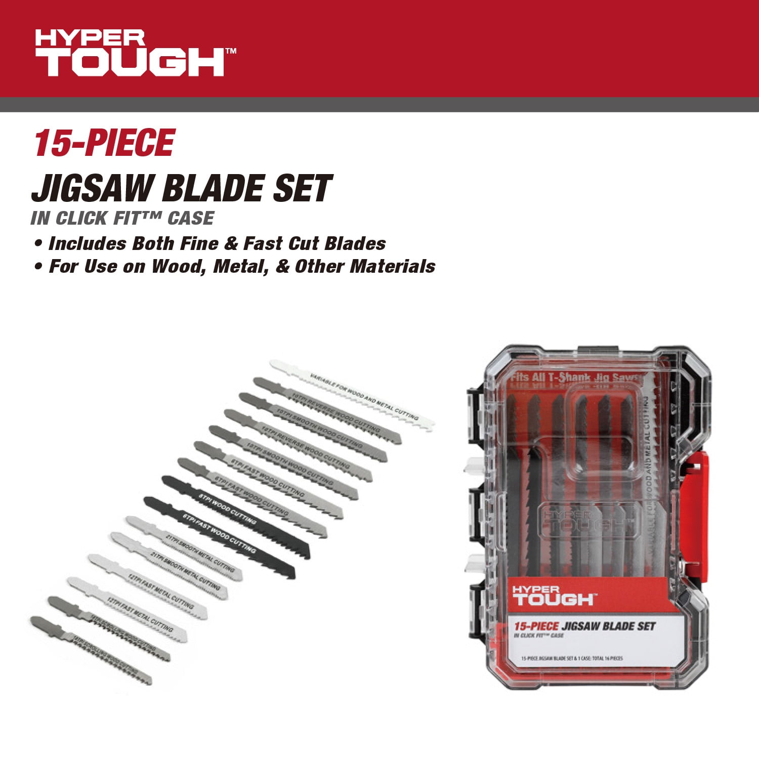 Hyper Tough 15-Piece T-Shank Jigsaw Steel Blade Set in Click Fit Case