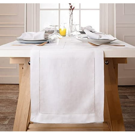 

D Moksha Linen Table Runner 54 inches Long White Table Runner Christmas Table Runner Coffee Table Runner for Fall Thanksgiving - Machine Washable Earth Friendly - Hemstitch 14x54 inches