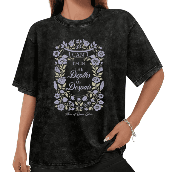 Women Anne Of Green Gables Depths Of Despair Purple Floral Graphic Tees Round neck Printed Cotton Washed T Shirt Black S-2XL Plus Size