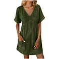 thumbnail image 2 of FcBaudy Robe à Manches Courtes Col en V, Robes d'Été pour Femmes, Nouvelles Robes à Manches Courtes Col en V Couleur Unie avec Poches Robe à Manches Courtes Robe pour Femmes, 2 of 7
