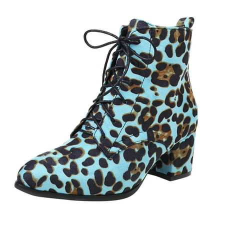 

GWAABD Dress Shoes for Women Low Heel Fashion Women s Shoes Suede Thick Heel High Heeled Leopard Printing Front Lace Up Short Boots