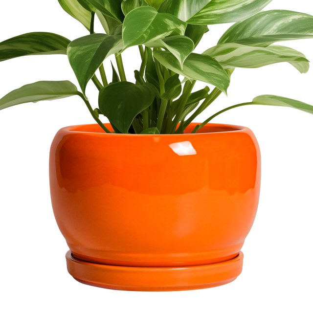 Maceta SQOWL de cerámica de 20 cm, naranja, con orificio de drenaje y salsa