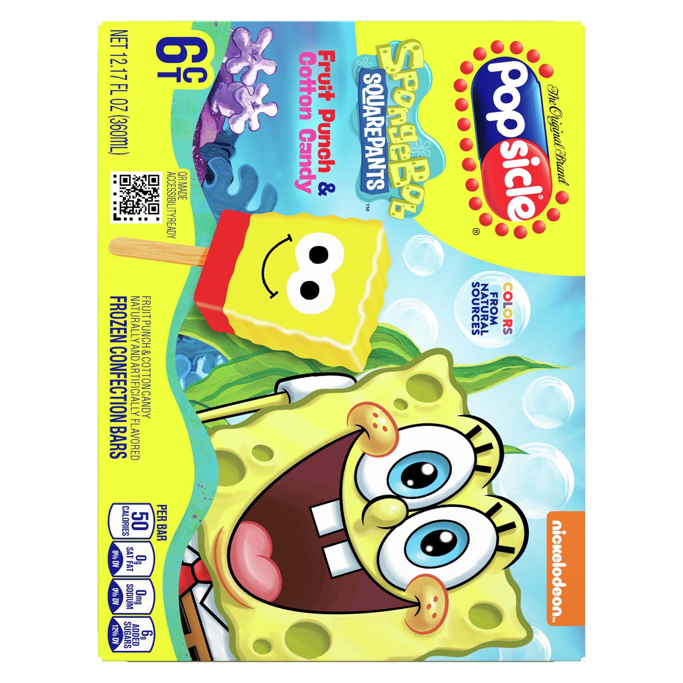 Popsicle SpongeBob SquarePants Fruit Punch and Cotton Candy Colors from Natural Sources Frozen Dessert Bars, 6 Count
