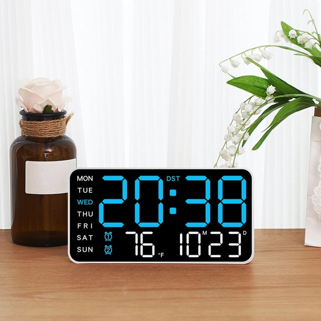 Smart LED Wall Clock with Auto-Dimming & Voice Control - 8.5" Large Display Digital Calendar/Temperature Sensor, USB-Powered Desk & Wall Mount for Bedroom/Office Blue