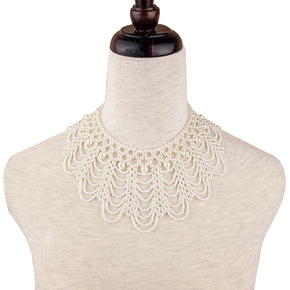 H-CXLY Elegant Simple 5-Layer Handmade Faux Pearl Beaded Cluster Collar Bib Choker Necklace and Earring