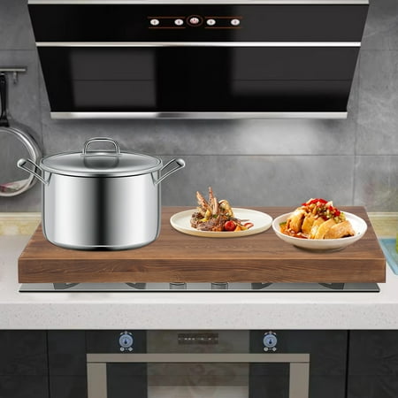 Peakora Wood Stove Top Cover Multifunctional Noodle Board Stove Covers with Built-In Handles Durable Extra Thick Pine Wood Handmade Cookware 29.5*22*2.5in Walnut Color