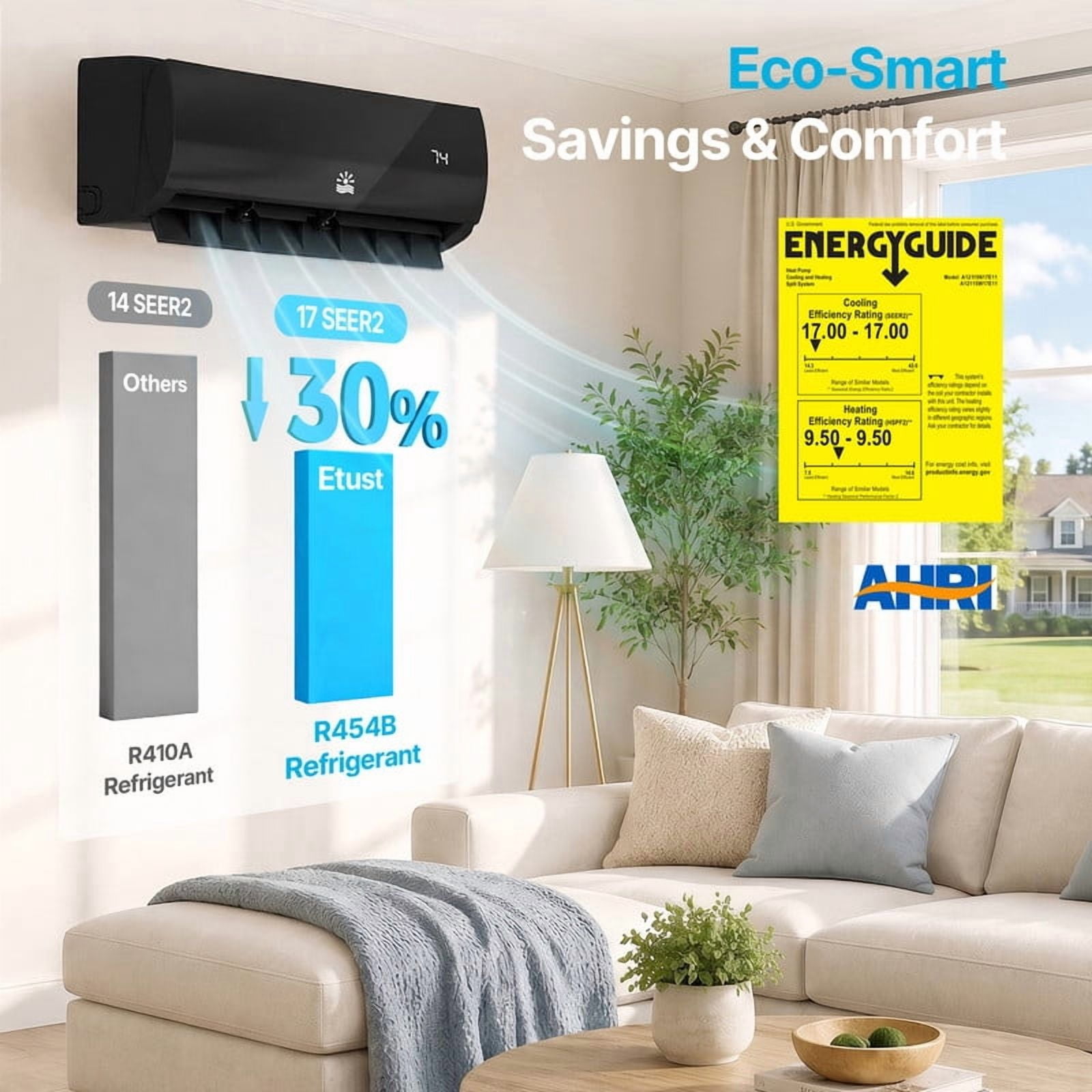Etust 18000 BTU Ductless Mini Split AC / Heating System with Heat Pump, High-Efficiency 21 SEER2 208/230V Air Conditioner with Installation Kit & WiFi Control, Covers up to 900 Sq.Ft., Black