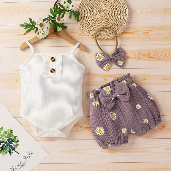 SDJMa Baby Boys' Short-Sleeve Bodysuit Newborn Baby Girls Clothes Ribbed Bodysuit Floral Daisy Shorts Headband Outfit