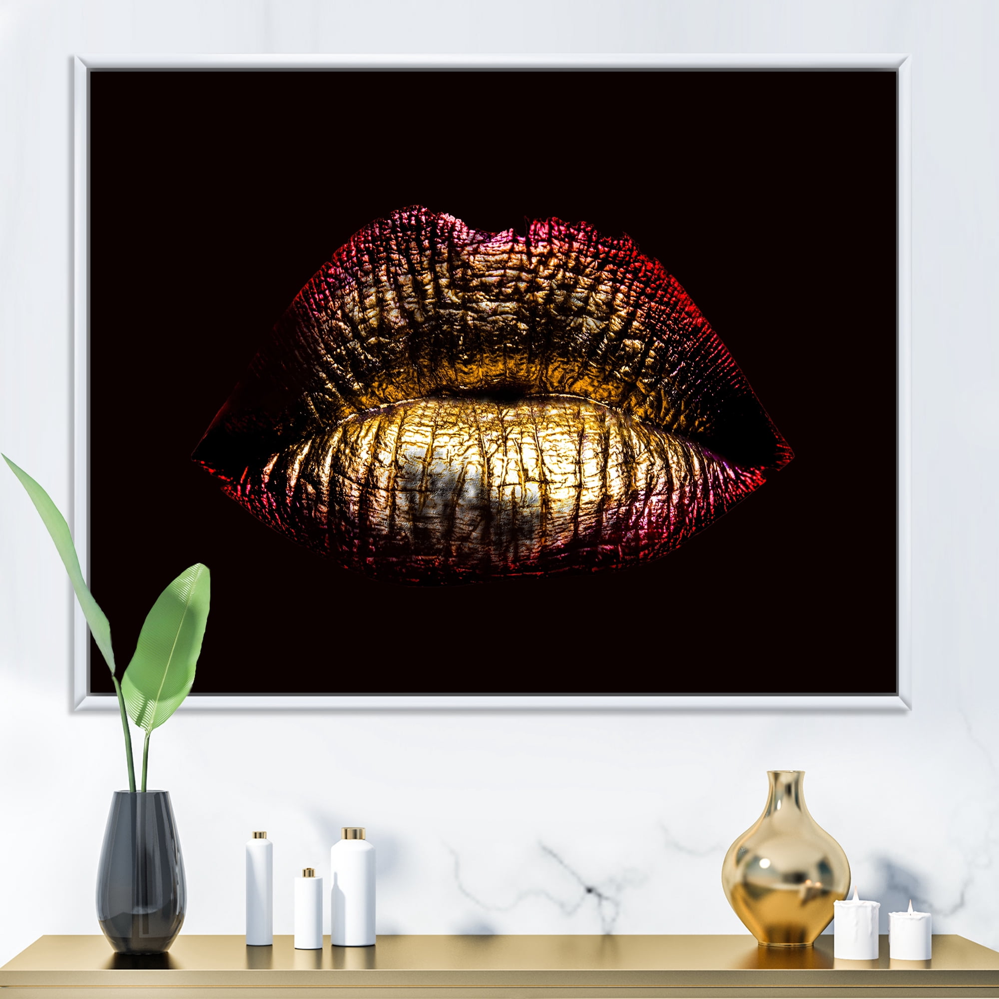 Sexy Golden Metallized Woman Lips IV 20 in x 12 in Framed Painting Canvas Art Print, by Designart