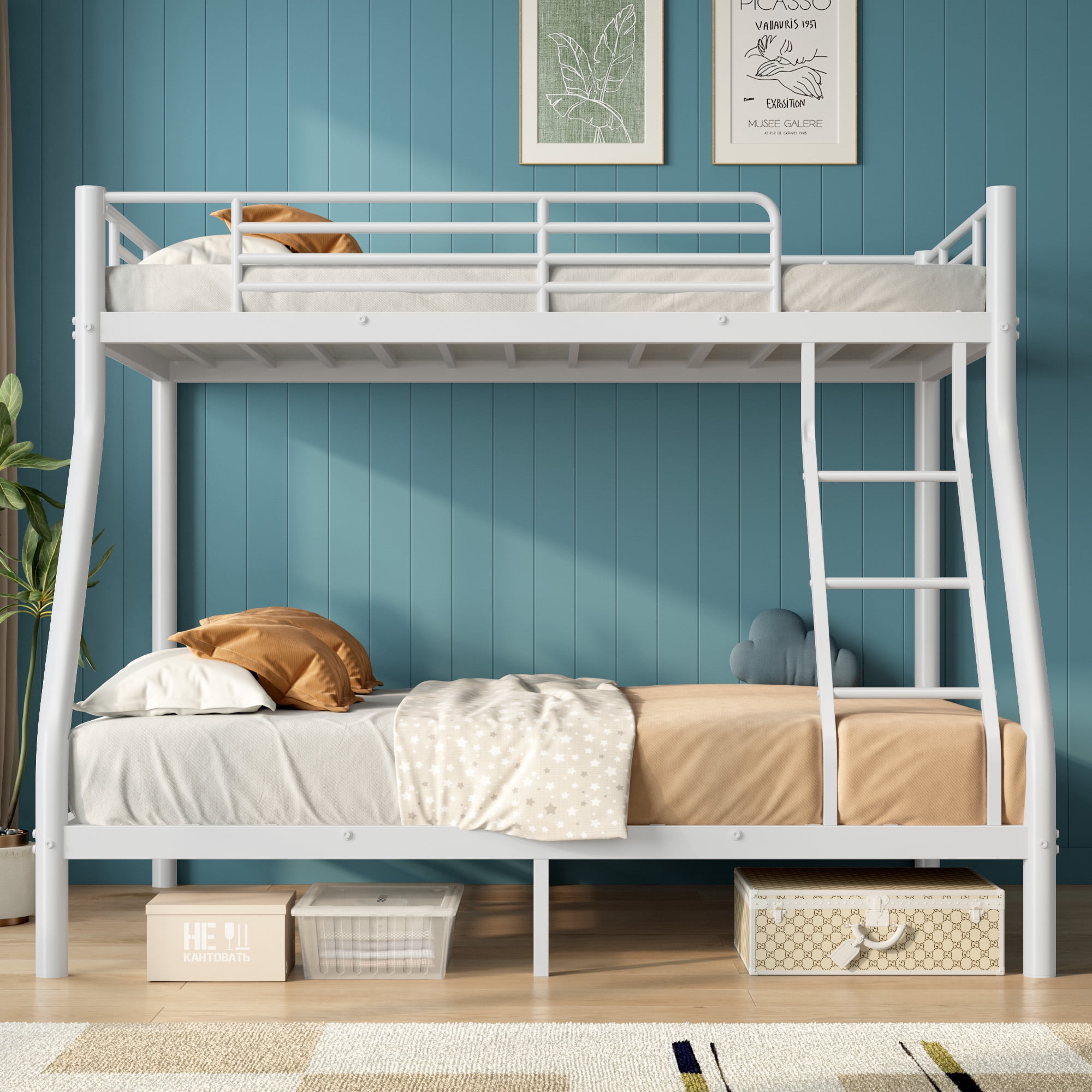 Metal Bunk Bed(500LBS), Twin Over Full Size with Guardrail & Ladder, Sturdy Steel Frame for Adults, Teens, Kids, Space Saving, Easy to Assemble, No Box Spring Required, White