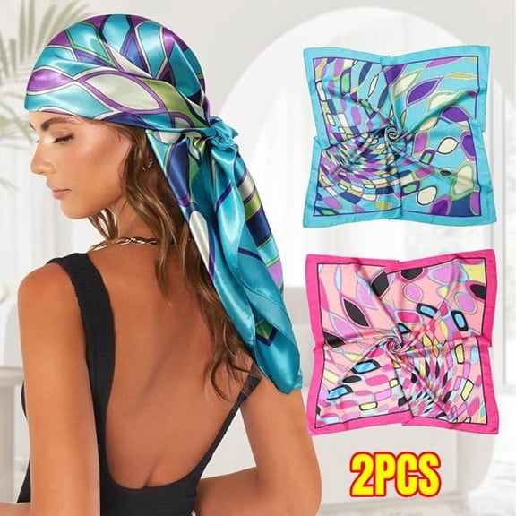 2 PCS Head Scarf ,  35” Large Satin Square Colorful Geometric Rhomboid Plaid Scarf - Trendy Silk Scarves Square Bandanas for Women Hair Wrap Sleeping