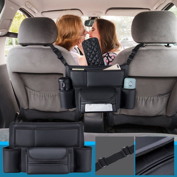 Car Seat Organizer Hanging Storage Bag for Center Console Armrest Box with Tissue Holder Multi-functional PU Leather Car Storage Organizer Barrier for Pets and Children Easy Installation No