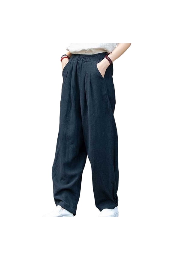 Stylish Womens Pants For Women Casual Elastic High Waist Linen Pant Pockets Trouser Dressy Casual Cargo Pants Boho Yoga Leggings Summer Trendy Trousers Black 12