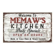 Deluxe Wood Magnet, 5x8 Inches, Welcome to Memaw's Kitchen - Daily Specials, Open 24 Hours, Home of Cold Milk and Warm Cookies - Magnetic Hardboard Sign with Saying for Grandma, Vintage Style Decor