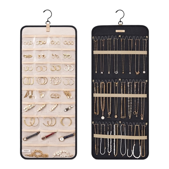 WEAIZYS Hanging Jewelry Organizer Storage Roll with Hanger, Metal Hooks Double-Sided Jewelry Holder for Earrings, Necklaces, Rings on Closet, Wall, Door, 1 Piece, Large, Black