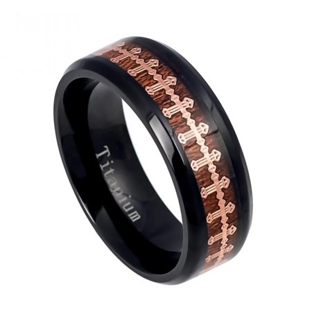Black Titanium Cross (8mm Black IP Titanium with Rose Gold IP Wrap-around Cross over Rosewood Inlay Wedding Band Ring For Men Or)