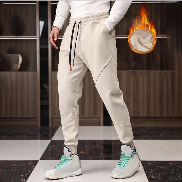Pantalones deportivos de invierno para hombre, de longitud completa, lisos, con cordón ajustable, de forro polar grueso, para correr al aire libre, cálidos, de poliéster