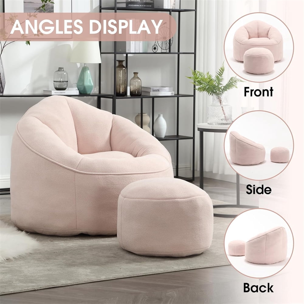 Bean Bag Chair for Adult, Upholstered Bean Bag Sofa with Footstool and Petal Back, Memory Foam Stuffed Bean Bag Couch for Living Room, Bedroom, Apartment, Pink