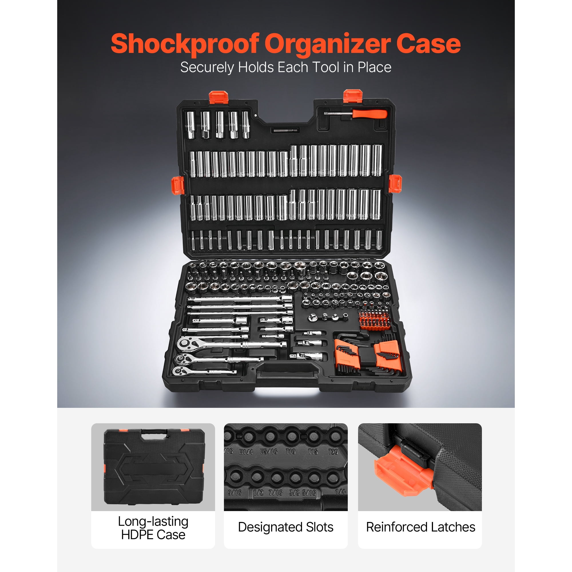 KFFKFF 225-Piece Socket Set, 3/8, 1/4, and 1/2 Inch Drive Ratchet and Socket Kit, SAE and Metric Sizes, Deep and Shallow Options, Mechanic Tool Set with Bits, Accessories, Durable Storage Case