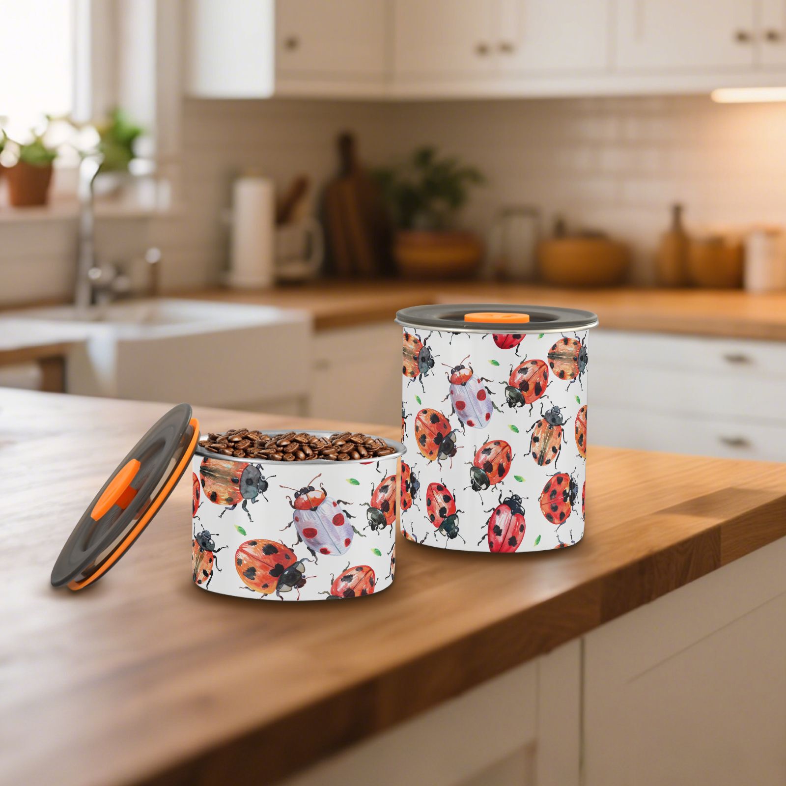 Lady Bug Watercolor Airtight Coffee Bean Canister 30oz Food Storage Containers with Lids For Gournd, Tea, Sugar, Flour, Rice, Cereal, Candy Cookie Jar