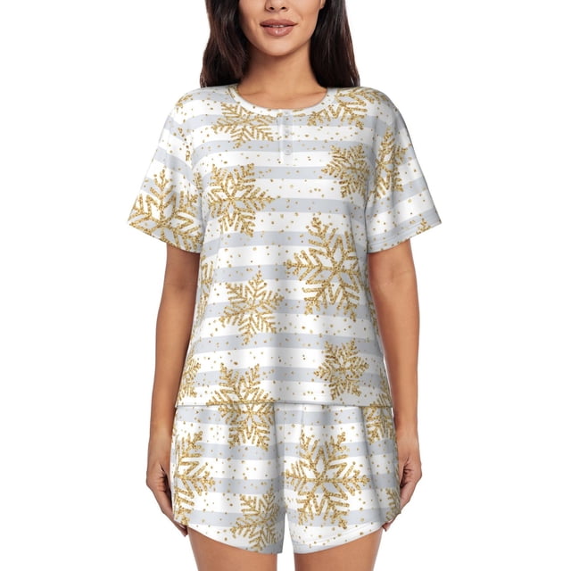 Balery Gold Snowflake Conjunto de Pijama para Mujer con Estampado, Dos Piezas de Manga Corta y Shorts, Ropa de Dormir Suave con Cuello Redondo y Bolsillos-XX-Large