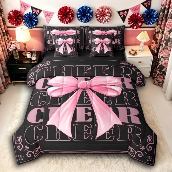 Erosebridal Cheerleader Bow Tie Twin Bedding Sets 7-Piece for Teens,Girls Gymnastics Cheer Team Bedding Comforter Set,Black Reversible,Microfiber Bedroom Decor