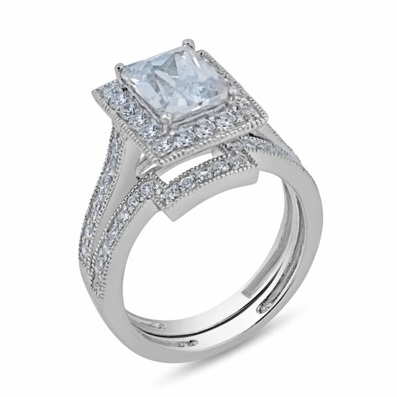Rhodium Plated 925 Sterling Silver Clear CZ Square Bridal Ring Set White Jewelry Female Size 7
