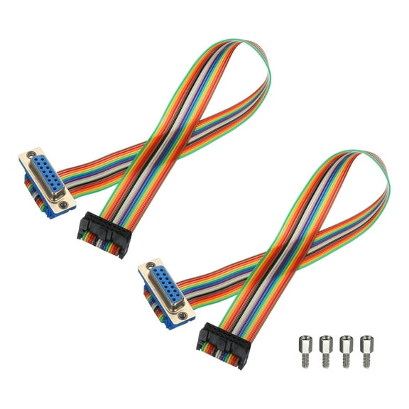 2 Pcs IDC Rainbow Wire Flat Ribbon Cable FC-Female to DB15 Female 11.8 Inch Length 2.54mm Pitch