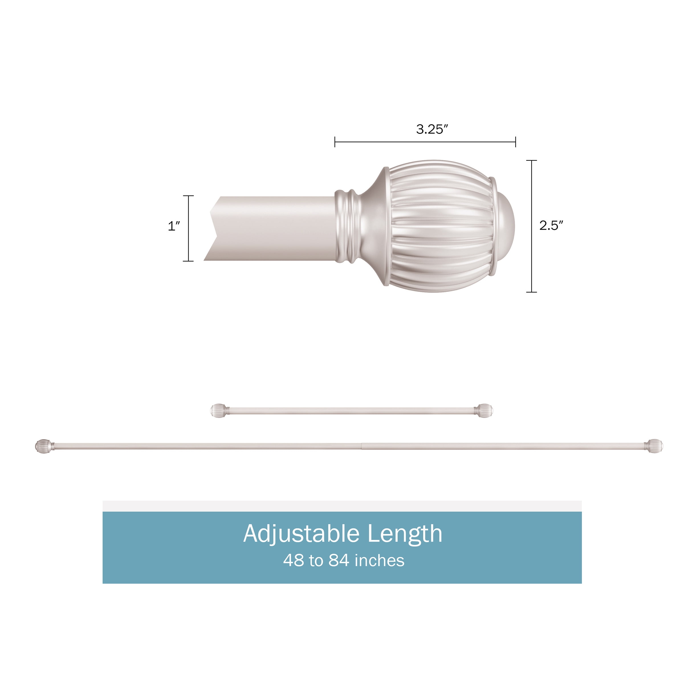 Lavish Home 1-inch Curtain Rod with Fluted Ball Finials for Windows 48-84" (Silver)