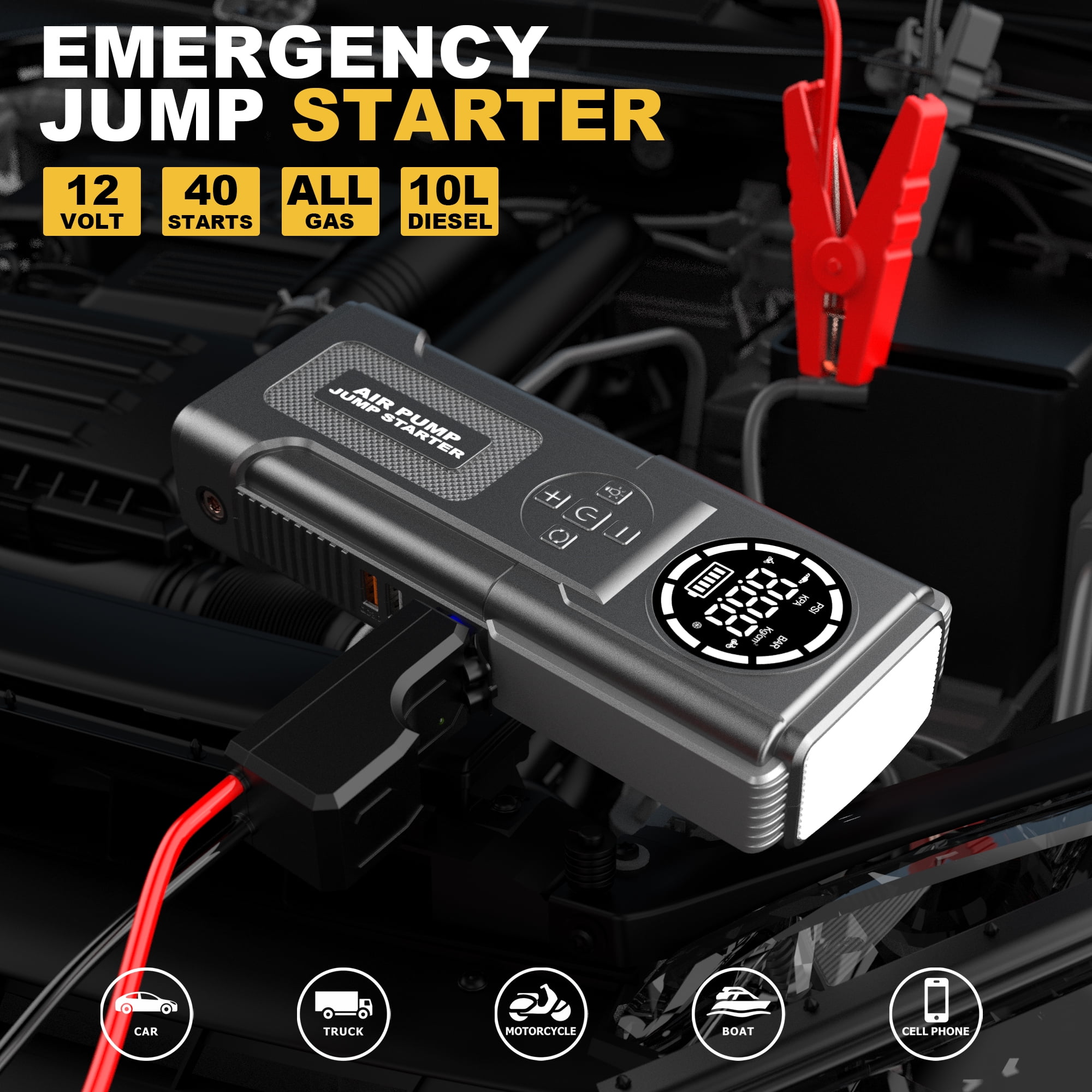 GPED Jump Starter with Air Compressor, 4000A 150PSI Portable Car Battery Jump Starter (All Gas/10L Diesel), 12V Jump Box Car Battery Jumper Starter with LCD Display & Jumper Cables, Emergency Light