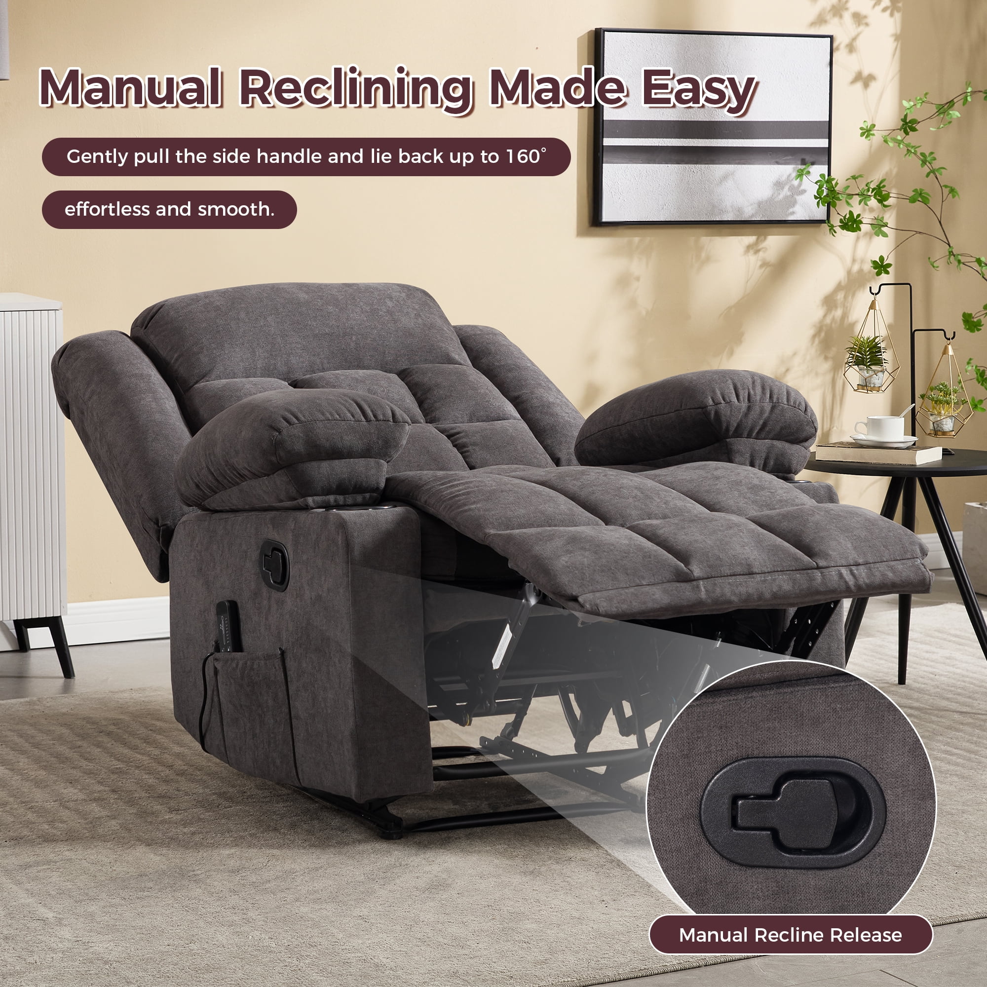 Ebello Fabric Recliner Sofa Set, Manual Recliner Chair with Massage & Heat, 3-Seat Power Recliner Sofa with Side Pockets for Living Room, Gray