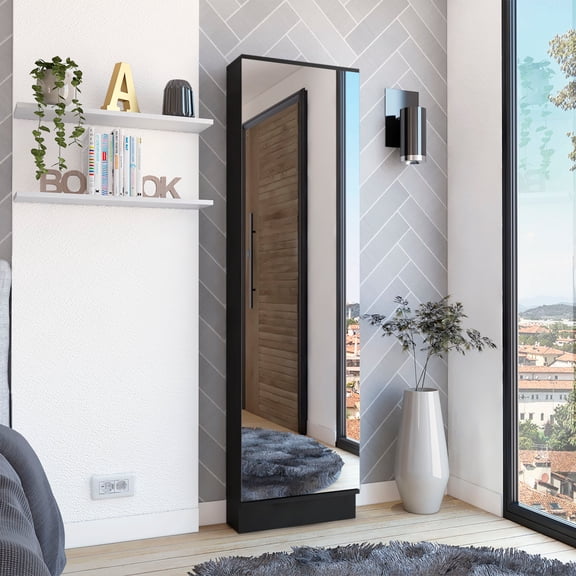 Leto XL Shoe Rack with Full-Length Mirror, Five Interior Shelves, Single-Door Cabinet