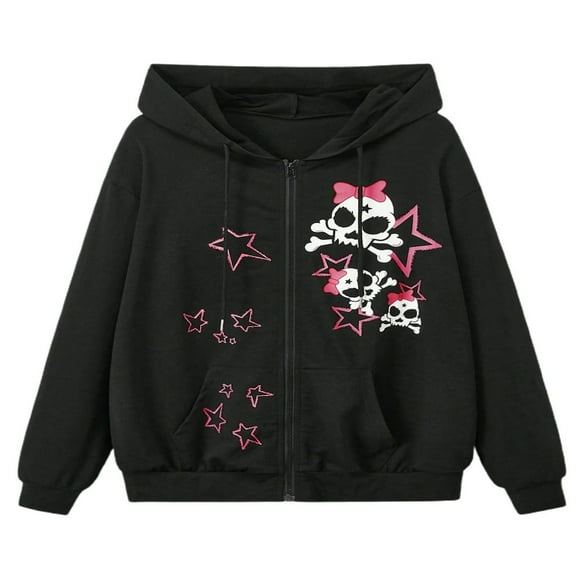 Zip Up Coat for Women featuring Skull and Star Pattern Hooded Sweatshirt Jacket