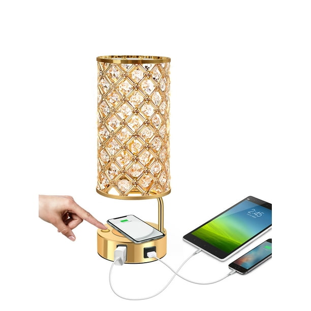 Crystal Table Lamp Wireless Charging Gold Desk Lamp with Dual USB