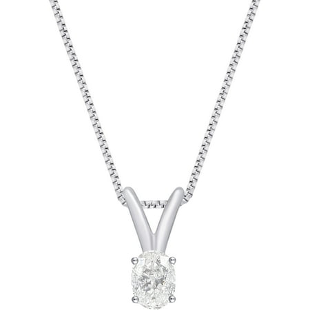 3/8 Carat T.W. 14K White Gold Oval Diamond Solitaire Pendant 18 Inch Chain