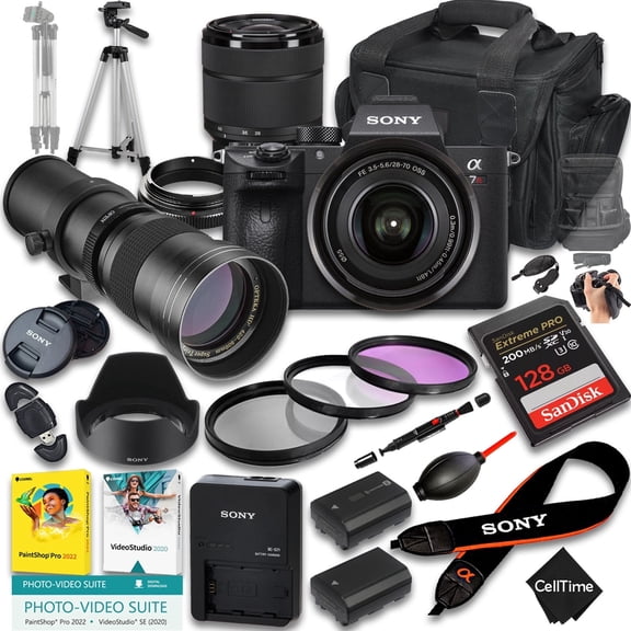Sony a7R IIIA Mirrorless Camera International Version (No Manufacturer Warranty) w/ 28-70mm Lens & 420-800mm Manual Telephoto   128GB   Extra Battery   Case (23-Pc Bundle)